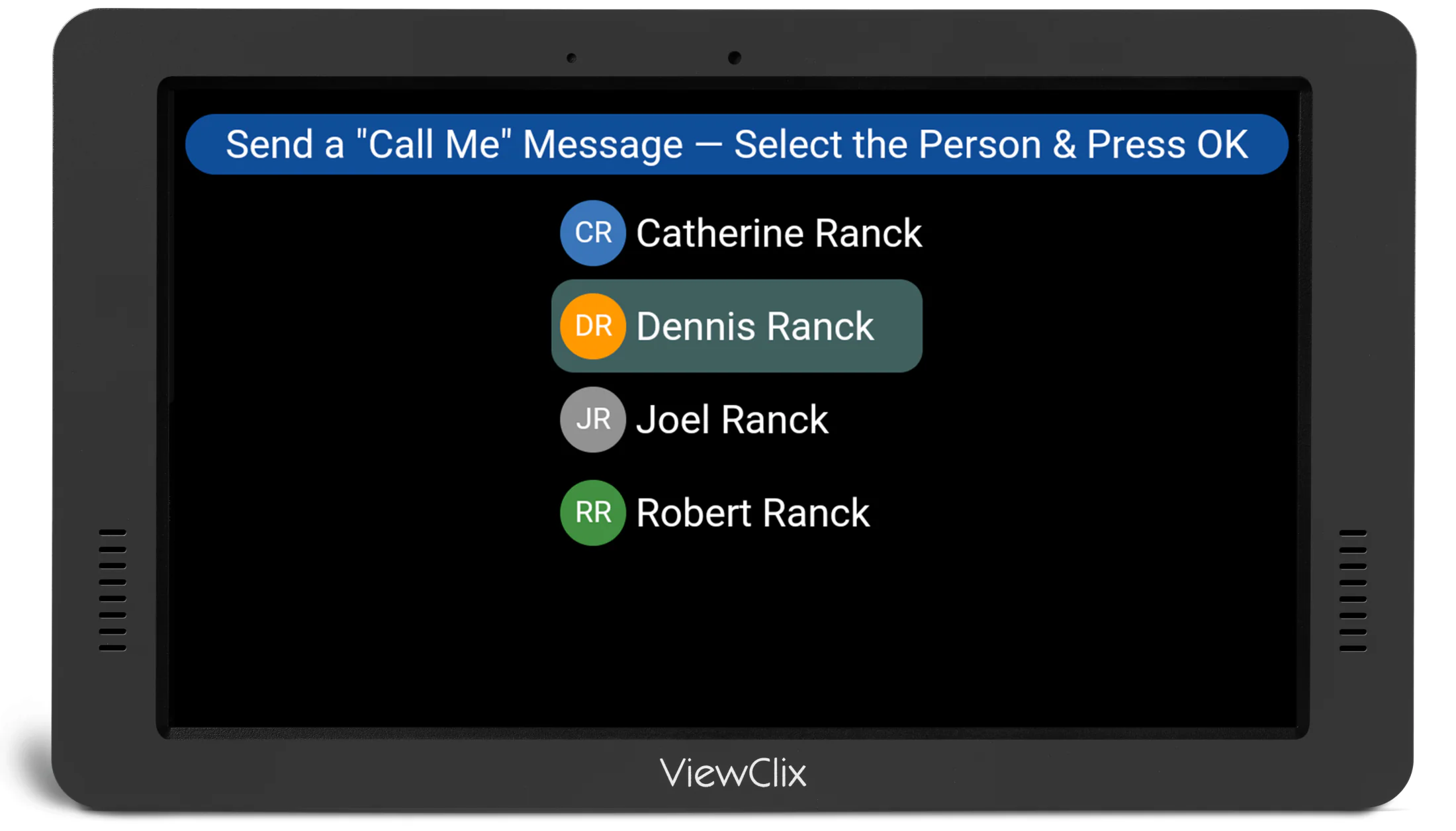 Call-Me contact selection displayed on a ViewClix frame