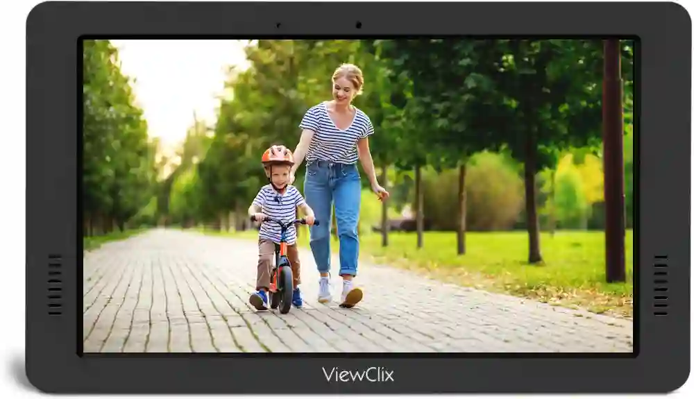 ViewClix frame with photo showing mom beside a child on bike