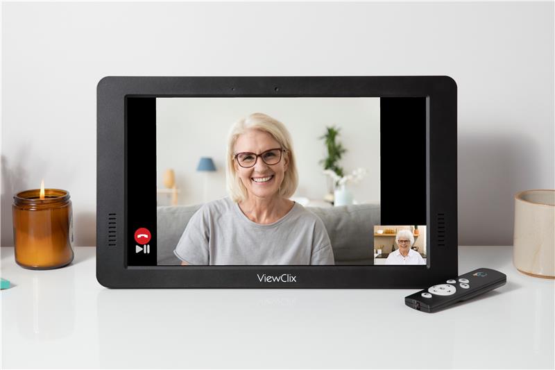 ViewClix frame showing a senior on a video call